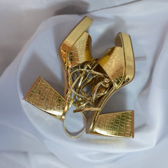 EGO Dreamer Womens Gold Croc Block Platform Heels Shoes Lace Up Size US 8M - Picture 11 of 16